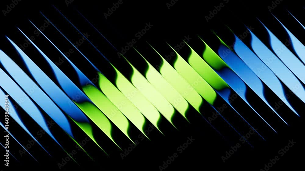 cycled 3d animation. Diagonal lines with blue green gradient. Abstract minimalist background divided into glossy stripes with reflection. Optical illusion of morphing visual effect
