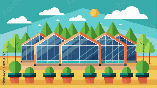 Hightech greenhouse screens can minimize energy consumption by automatically adjusting to capture or reflect sunlight depending on the season and weather patterns.. Vector illustration