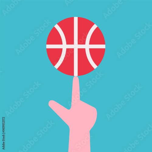 Vector flat concept learns how to spin basketball on finger. Ball trick is spectacular freestyle that shows mastery. Clipart sport collection with square composition