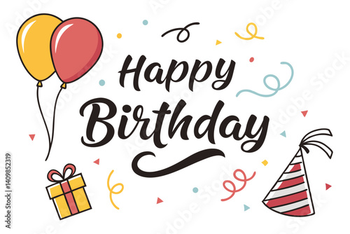 Happy Birthday Celebration Elements Balloons, Gift, Hat, Confetti Isolated on White