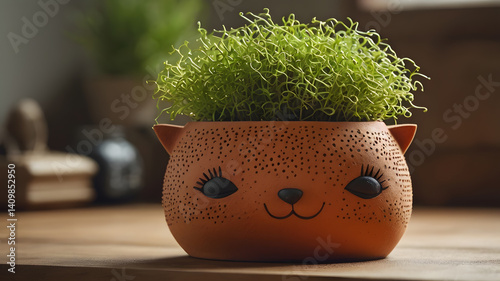 Chia Pet terracotta animal planter with fresh green chia sprouts. Fun and easy home gardening, plant growth for kids and adults, quirky decor idea. Chia Pet Day