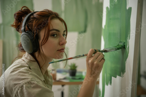 Woman in head phones painting white wall in green color