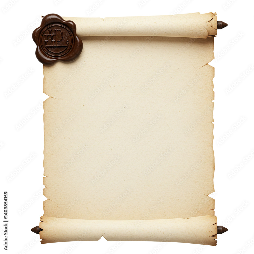 Realistic open parchment scroll with red wax seal isolated on white background