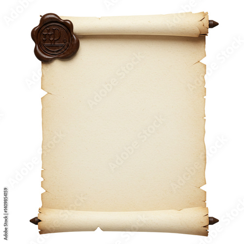 Realistic open parchment scroll with red wax seal isolated on white background