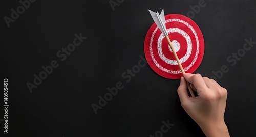 Aiming for the bullseye.  A hand holds an arrow aimed at a target