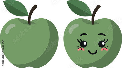 Green apple with kawaii eyes. Flat design vector illustration of green apple.