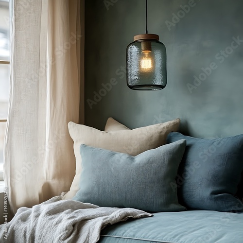 Rustic pendant light over cozy living room sofa