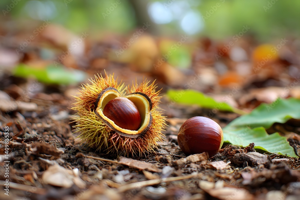 Chestnut split open in its spiky husk lying Chestnut split open in its spiky husk lying