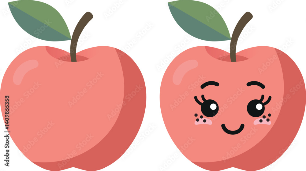 Fototapeta premium Red apple with kawaii eyes. Flat design vector illustration of red apple.