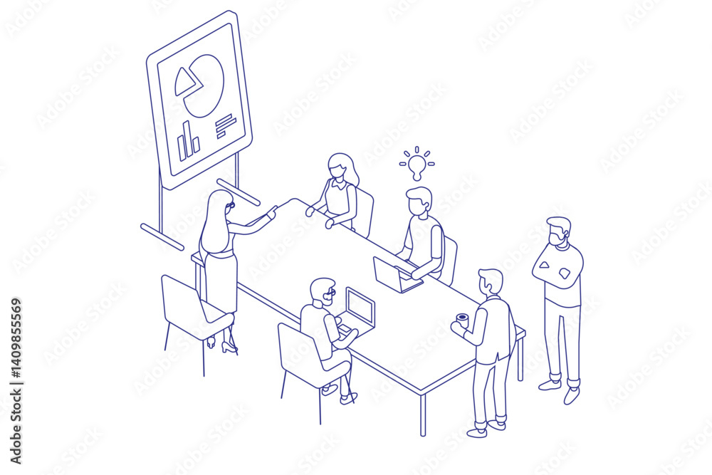 Line art office people silhouettes isometric vector set isolated on white background. Business Team Meeting at a Conference Table Line art office people silhouettes isometric vector set isolated on white background. Business Team Meeting at a Conference Table