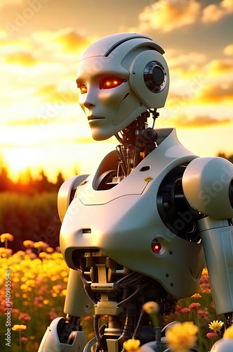White female humanoid wanderer in a Green Paradise in sunset. Hope awakens.