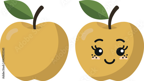 Yellow apple with kawaii eyes. Flat design vector illustration of yellow apple.