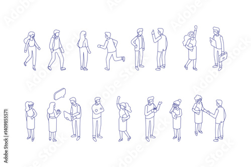 Line art office people silhouette isometric vector set isolated on white background. Teamwork, cooperation. 