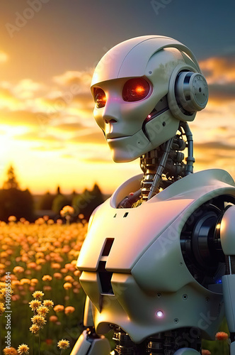 Gentle White Robot in a Sunlit Flower Field.