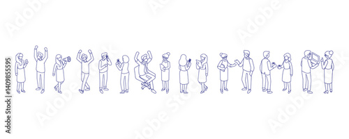 Line art office people silhouette isometric vector set isolated on white background. Teamwork, cooperation. 