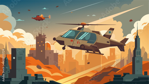 Against the backdrop of a dystopian metropolis the air taxi flies at breakneck speed dodging debris and enemy fire to reach a remote location where hostages are being held captive.. Vector