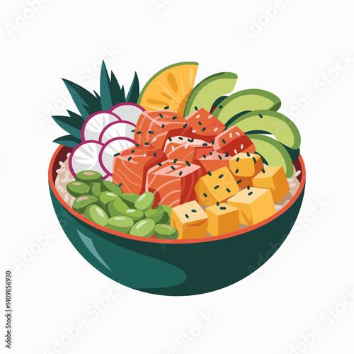 Tropical Poke Bowl with Salmon and Mango Cubes
