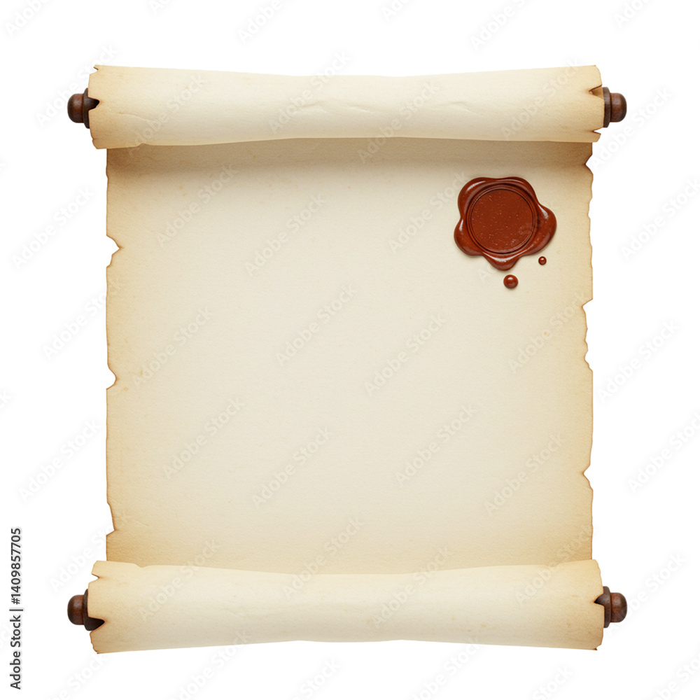 Realistic open parchment scroll with red wax seal isolated on white background