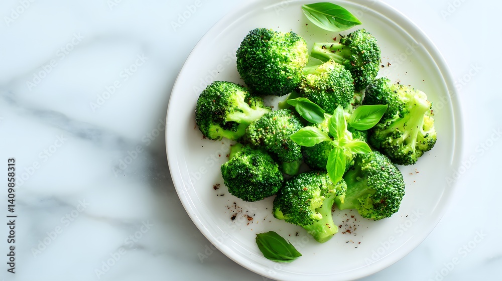 Steamed broccoli florets seasoned lightly with fresh herb garnish, arranged neatly on white plate against marble tabletop, captured in close-up with natural lighting and shallow focus. Steamed broccoli florets seasoned lightly with fresh herb garnish, arranged neatly on white plate against marble tabletop, captured in close-up with natural lighting and shallow focus.