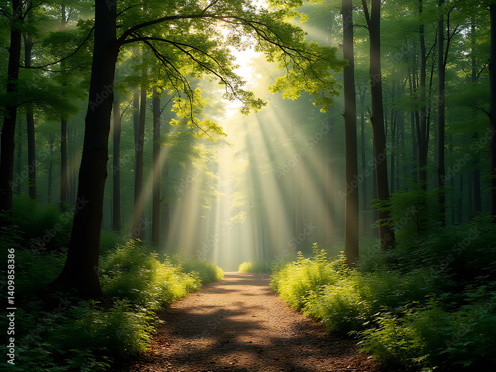 Fototapeta premium Sunlight streams through a lush forest illuminating a path surrounded by verdant foliage and tall trees.