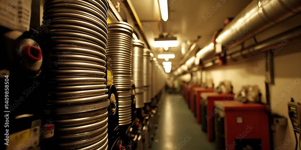 Fototapeta premium A corridor view of scientific or industrial equipment featuring metal cylinders and pipes with warm lighting and shallow depth of field.