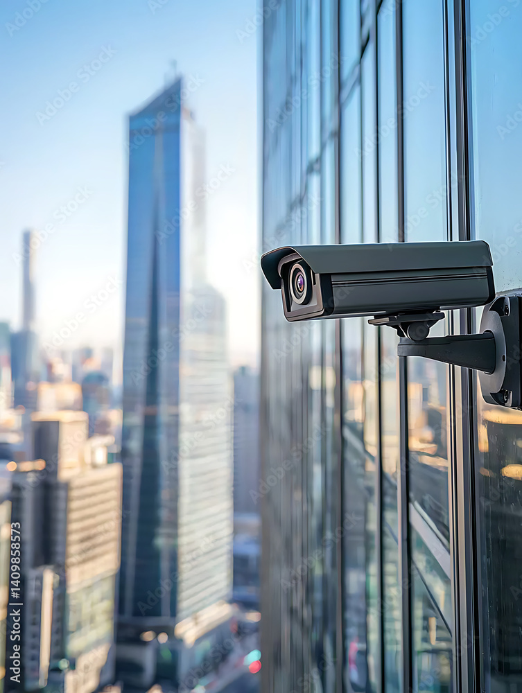 Security camera mounted on a glass building overlooking cityscape capturing surveillance and urban panorama.