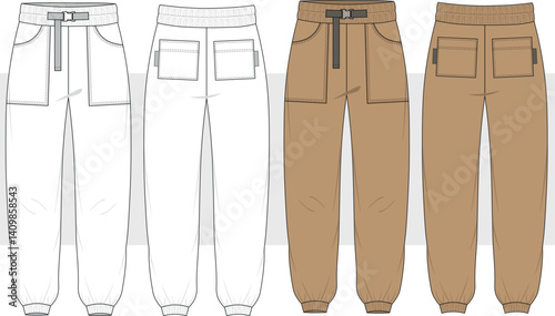 Men cargo jogger  pants with half belted detail. Sweatpants for running, fitness, and active wear pants Fashion drawing, flat sketch illustration, vector.  front and back view, cad, mockup.