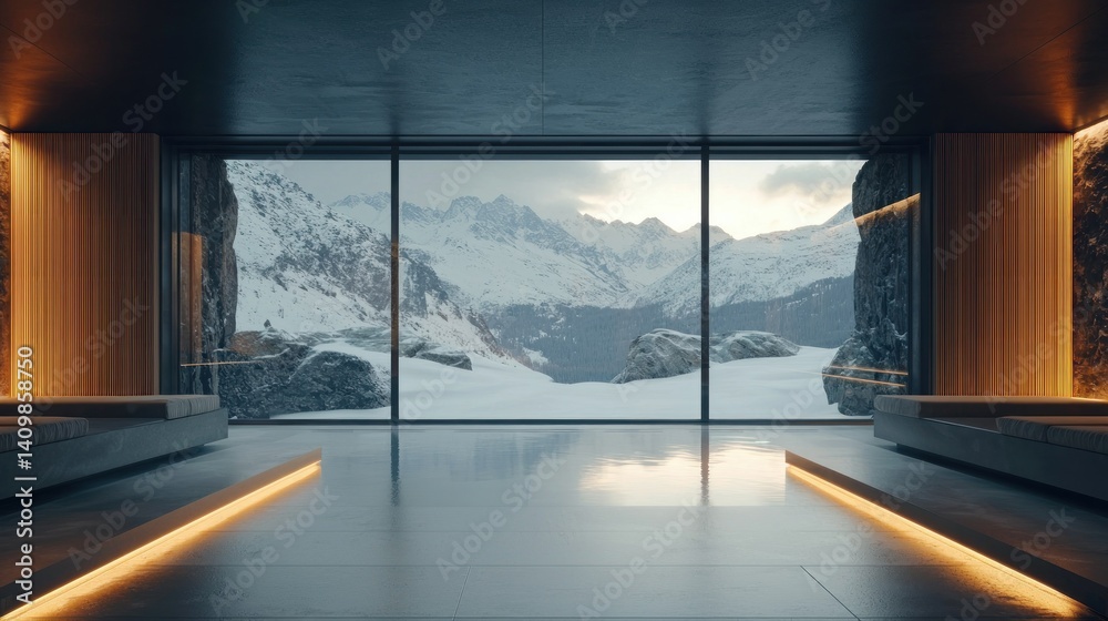 Fototapeta premium A luxury sauna with panoramic views of a snowy mountain landscape