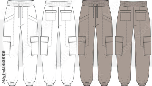 Men cargo jogger sweatpants elastic waist for running, fitness, and active wear pants Fashion drawing, flat sketch illustration, vector.  front and back view, cad, mockup.