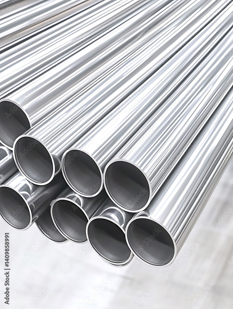 Stacked shiny metal pipes create a repetitive pattern highlighting industrial materials and metallic textures in a simple arrangement.