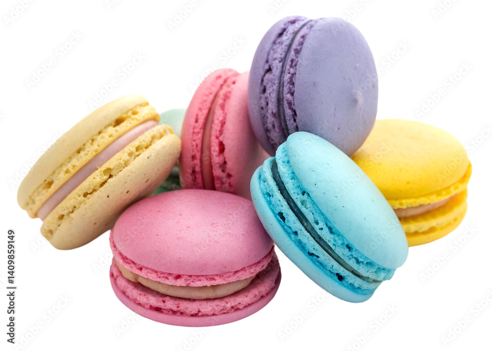 Fresh bright colored macarons isolated on a transparent background Generative Ai.
