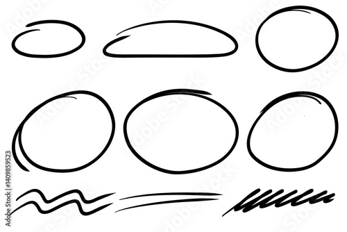 Highlight oval frames, marker  hand drawn underlines lines. Hand drawn scribble doodle circle set. Ovals and ellipses line template. Stock vector illustration isolated on white background.