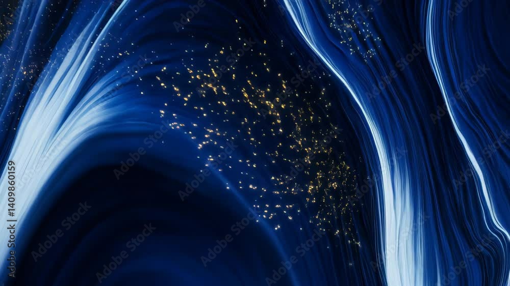 Curved white energy beams and golden sparks in deep space vortex