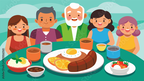 Grandmothers secret recipe for hogao sauce adds a unique flavor to each bite of the hearty bandeja paisa as the family gathers around the table sharing stories and memories.. Vector illustration