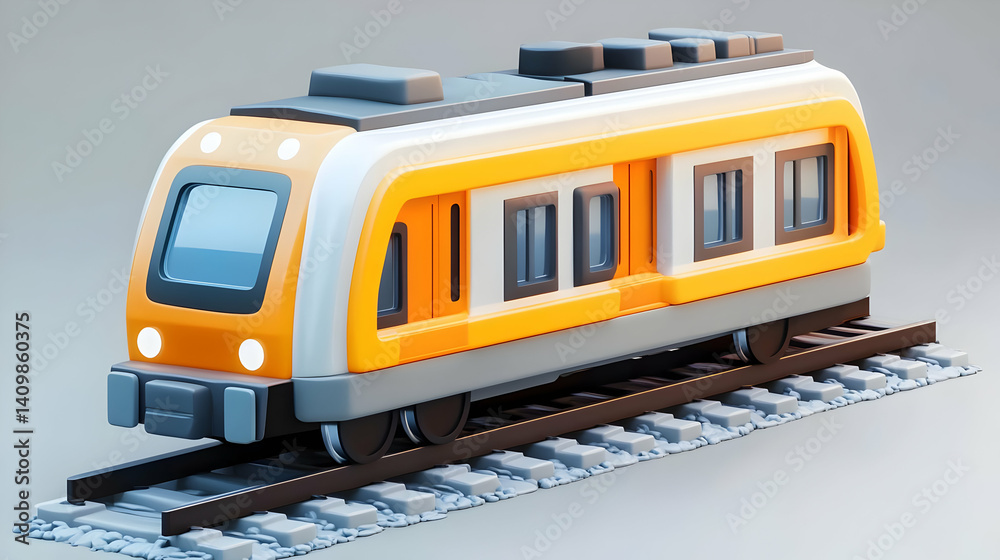 Fototapeta premium Stylized Isometric Train Car on Railroad Tracks with Orange and White Color Scheme against Gray Background in a Studio Lighting