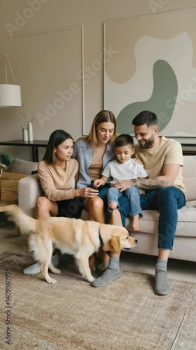 Family Relaxing at Home with Dog Playing on Sofa Indoor