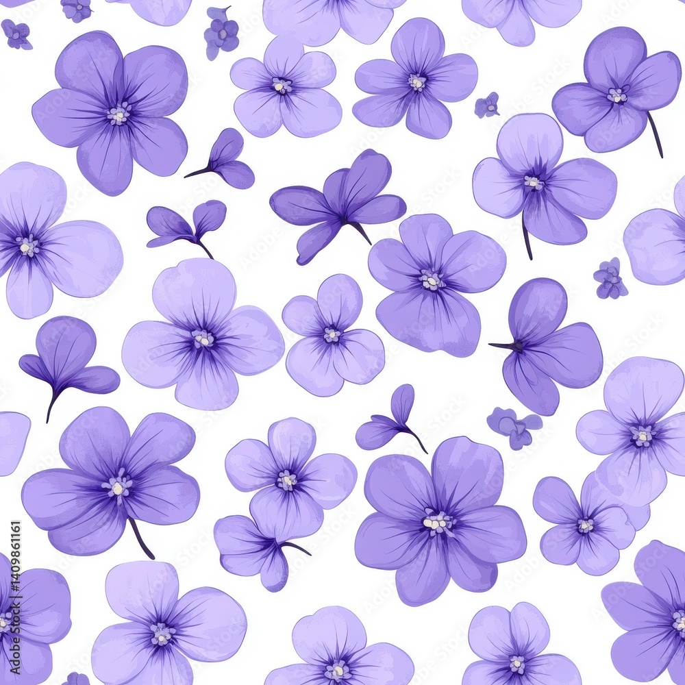 Fototapeta premium Light Purple Watercolor Flowers Seamless Pattern on White Background
