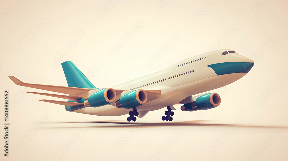 Naklejka premium Teal and White Low Poly Commercial Airplane Model on a Cream Background with Geometric Style