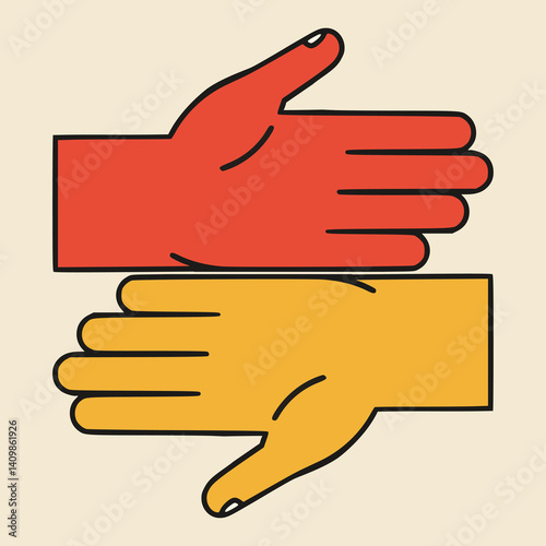 two overlapping hands in red and yellow, creating a visually striking and harmonious composition flat color vector illustration template design