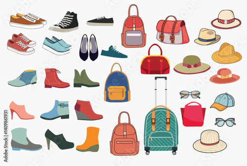 Fashion footwear, bags and accessories set in casual style.