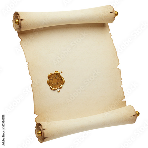 Realistic open parchment scroll with gold wax seal isolated isolated on white background