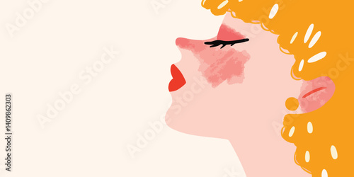 A woman with curly orange hair and vitiligo, a skin condition that causes depigmentation, is captured in a close-up profile shot, exuding confidence and beauty.