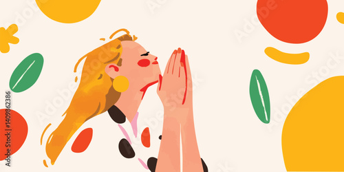 A woman in prayer, her hands clasped in devotion and eyes closed, surrounded by organic elements, embodies spirituality and inner peace, evoking a sense of faith.