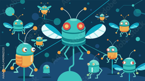 A swarm of nanobots seamlessly working together to gather and process data feeds in order to continuously improve their collective intelligence.. Vector illustration