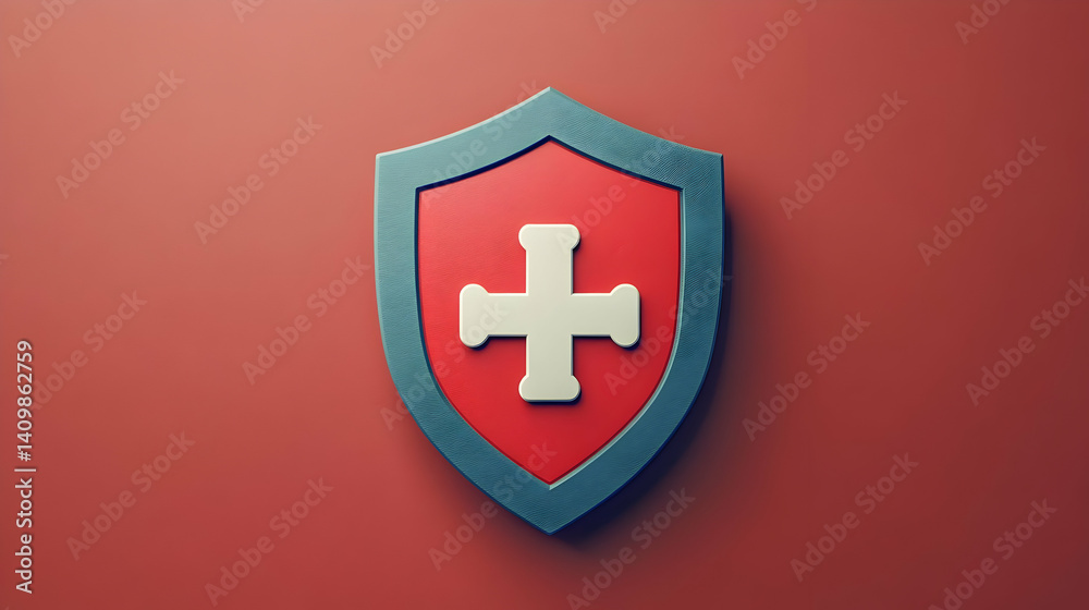 Fototapeta premium Textured Red Shield with White Cross and Gray Outline Design for Protection and Security Symbolism