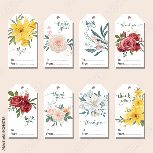 Thank you tag with message and floral design Flowers spring tag