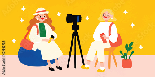 Two stylish women engaged in a vibrant, eye-catching podcast or video recording, showcasing creativity and connection in a modern setting.