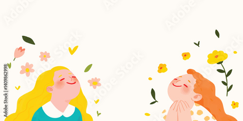 Two girls with long flowing hair, surrounded by delicate flowers and floating leaves, bask in the warmth of the sun, their faces lit up with smiles of contentment and serenity.