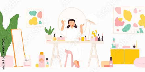 A vibrant scene unfolds as a young woman, enveloped in a cozy atmosphere, creates content in her home studio, a camera captures every moment of her creative process.