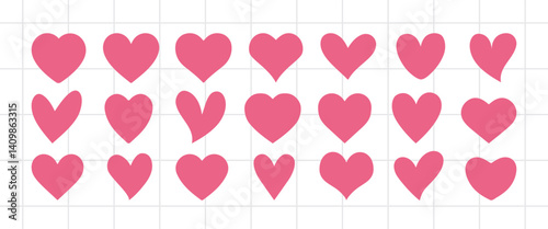 Set of hearts in pink color, heart icons set vector, set of hearts different shapes for design. Heart collection. Vector art. Heart, love, romance hearts. Vector icons. Heart love symbol